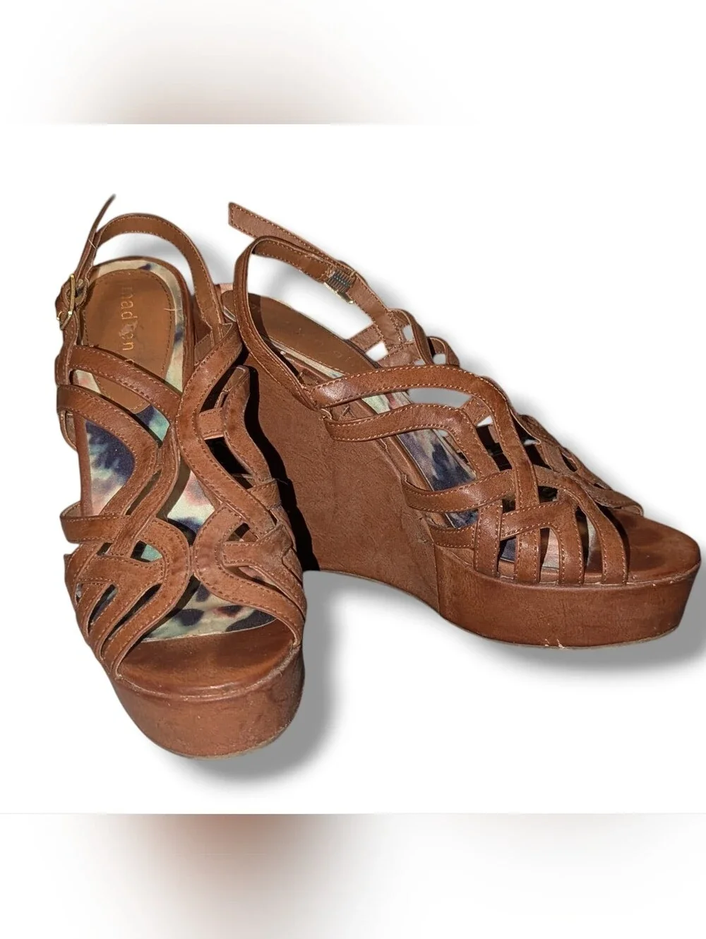 Madden Girl Strappy Brown Faux Leather Platform Wedge Sandals Sz 8
